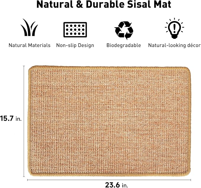 FUKUMARU Cat Scratcher Mat, 23.6 X 15.7 Inch Natural Sisal Cat Scratch Mats, Horizontal Cat Floor Scratching Pad Rug with Sticky Tapes, Protect Couch and Carpets-PawvioPets
