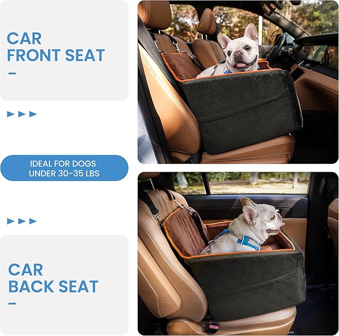 Dog Car Seat for Small Dogs - Puppy Car Seat with Safety Strap & Waterproof Padding, Portable Pet Carrier for Cars, Trucks & SUVs, Comfortable Elevated Bed for Pets Up to 35lbs (Black/Coffee)-PawvioPets