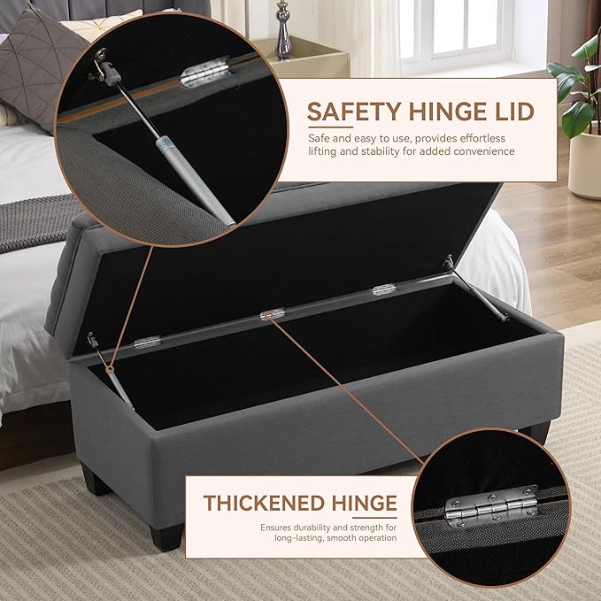51" Fabric Storage Ottoman Bench, Upholstered Rectangle End of Bed Storage Ottoman Tufted Living Room Bedroom Bench with Safety Hinge, Solid Wood Legs, Loads 500 lb(Dark Grey)-PawvioPets