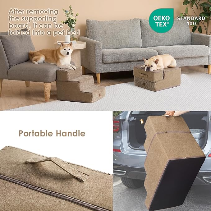 EHEYCIGA Dog Stairs for Small Dogs 13.5" H, 3-Step Dog Steps for Couch Sofa and Chair, Pet Steps for Medium Cats, Non-Slip Balanced Pet Ramp Indoor, Camel-PawvioPets