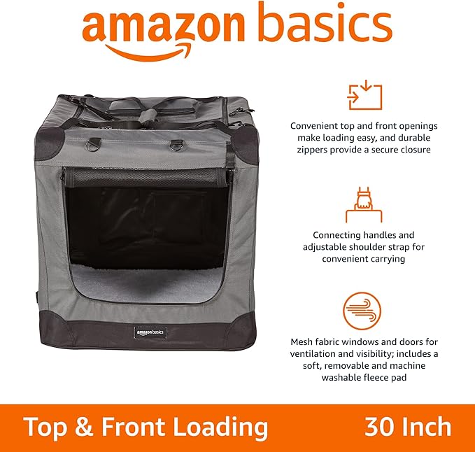 Amazon Basics Folding Portable Soft Pet Dog Crate Carrier Kennel, 30 x 21 x 21 inches, Grey-PawvioPets