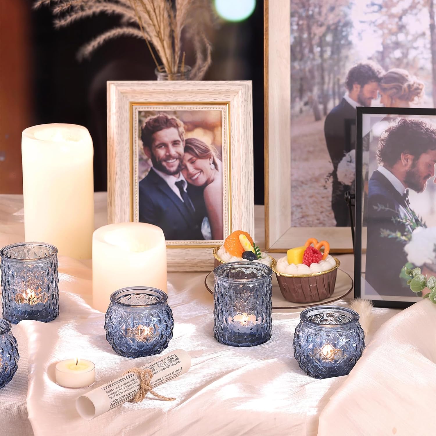 12pcs Assorted Blue Votive Candle Holders, Tea Lights Candle Holder for Wedding Decor, Blue Candle Holders for Table Centerpiece, Bridal Shower, Baby Shower Decorations