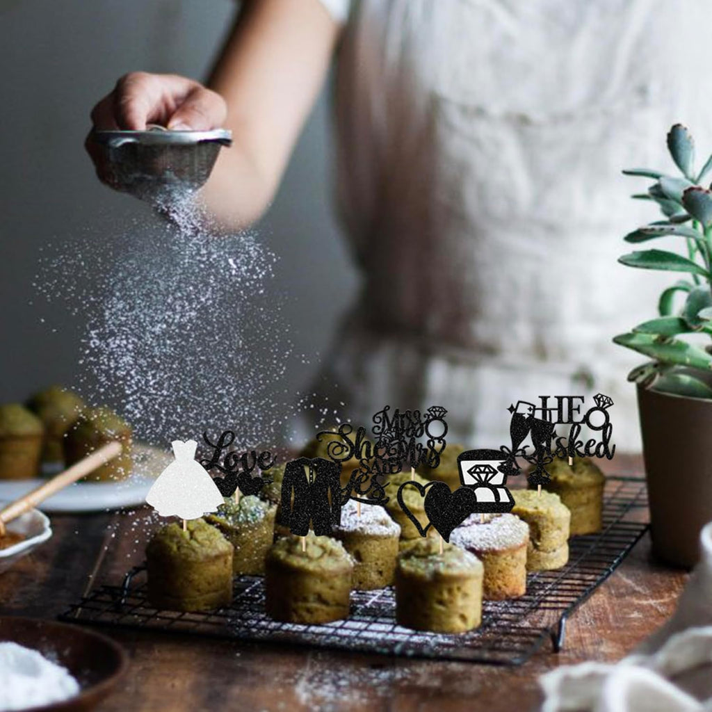 30 Pack Bride to be Cupcake Toppers Glitter Diamond Ring Love I Do Cupcake Picks Miss to Mrs He Asked She Said Yes Bridal Shower Wedding Engagement Bachelorette Cake Decorations Party Black