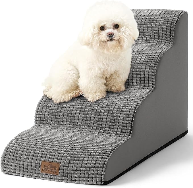 Dog Stairs for Small Dogs 19.7" H, Curved Dog Step for Puppy, Older or Cat, Medium Pet Ramp for Sofa, Couch or Bed, Ladder with High Density Foam, 15.7x28.3x19.7 inch, 4 Step, Light Grey-PawvioPets