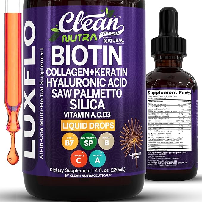 Biotin Liquid Drops Collagen Keratin Hyaluronic Acid Saw Palmetto for Hair Skin and Nails Silica Vitamin A C Vitamin D Bamboo Turmeric Zinc Folate Magnesium Horsetail LuxGlo by Clean Nutra-PawvioPets