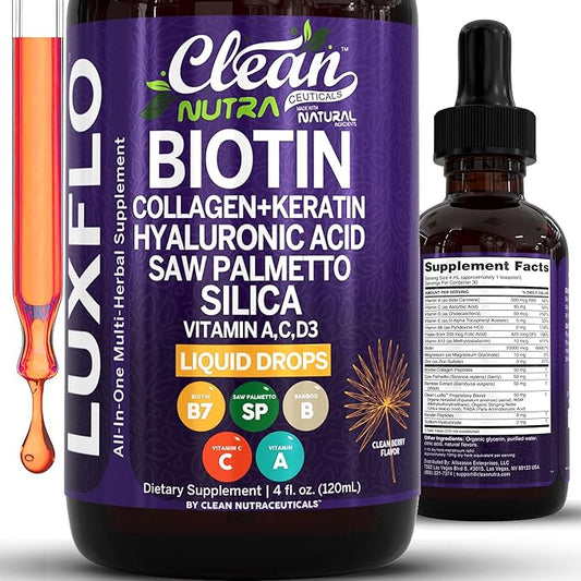 Biotin Liquid Drops Collagen Keratin Hyaluronic Acid Saw Palmetto for Hair Skin and Nails Silica Vitamin A C Vitamin D Bamboo Turmeric Zinc Folate Magnesium Horsetail LuxGlo by Clean Nutra-PawvioPets