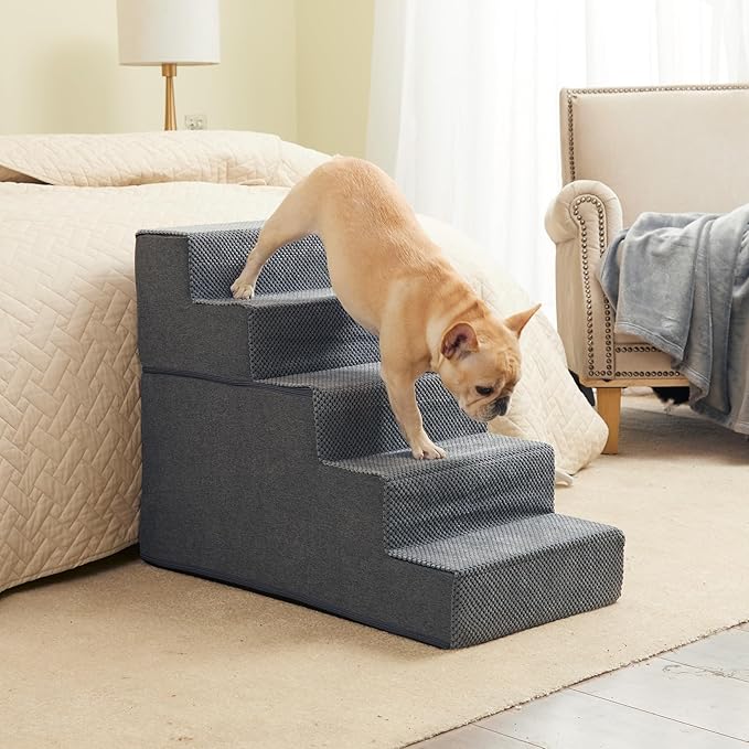 EHEYCIGA Dog Stairs for High Bed 22.5" H, 5-Step Dog Steps for Bed, Pet Steps for Small Dogs and Cats, Non-Slip Balanced Pet Ramp Indoor, Grey-PawvioPets