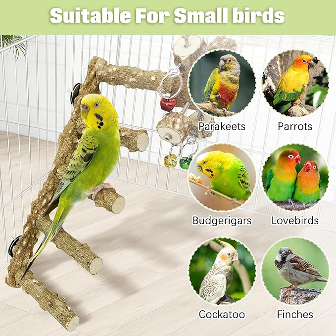 BNOSDM Natural Wood Bird Ladder Perch with Rotating Bell Toys-Exercise Stands for Parrot Climbing Chewing Parakeet Bridge Cage Accessories for Cockatiel, Conures, Lovebirds, Budgie-PawvioPets