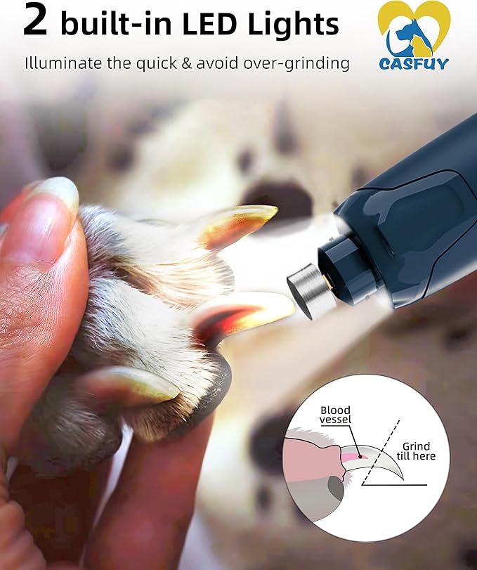 Casfuy Dog Nail Grinder Quiet - (45db) 6-Speed Pet Nail Grinder with 2 LED Lights for Large Medium Small Puppy Dogs/Cats, Professional 3 Ports Rechargeable Electric Dog Nail Trimmer with Dust Cap-PawvioPets