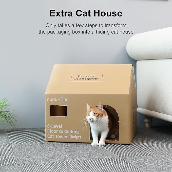 FUKUMARU Floor to Ceiling Cat Tree, 6 Level Adjustable Height (6-10 ft) Climbing Tower with Thickened Scratching Posts, Cats Activity Center with Cozy Hammock - Beige-PawvioPets