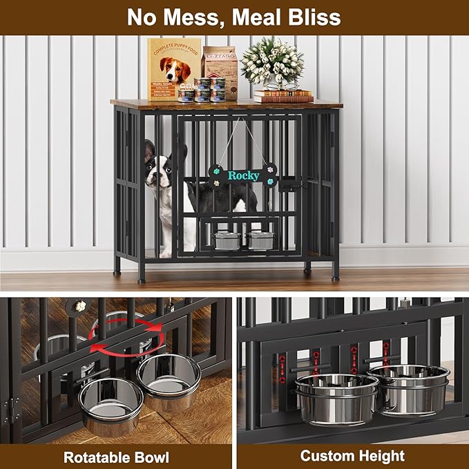 Easycom 31" Dog Crate Furniture Foldable, No Assembly Decorative Dog Kennel Indoor, Dog Crates for Small Dogs (20-40 lbs), Wooden Dog Cage with Adjustable Bowls and Name Tag, End Table, Rustic Brown-PawvioPets