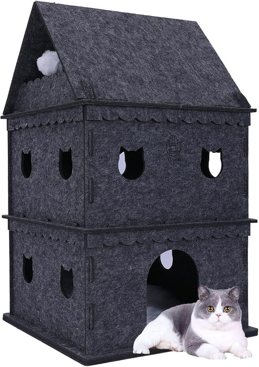 3-Tier Indoor Cat Apartment，Cozy Pet Cat Bed, Hideaway, and Sturdy Cat Castle for Multiple and Large Cats-PawvioPets