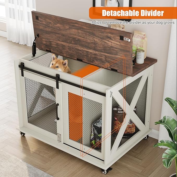 Dog Crate Furniture,37 Inch Indoor Dog Cage with Sliding Barn Door, Flip Top Dog Kennel End Table with Removable Divider, Farmhouse Wooden Pet House for Small to Middle Size Dogs-PawvioPets