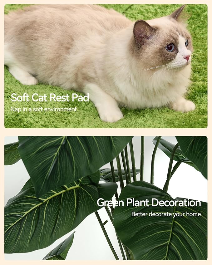 FourFurPets Large Cat Tree with Leaves, 72.8-Inch Cat Tower for Indoor Cats, Modern Cat Tree with Scratching Post, Large Perch, Tunnels, Swing Ball, Self Groomer, Greige-PawvioPets