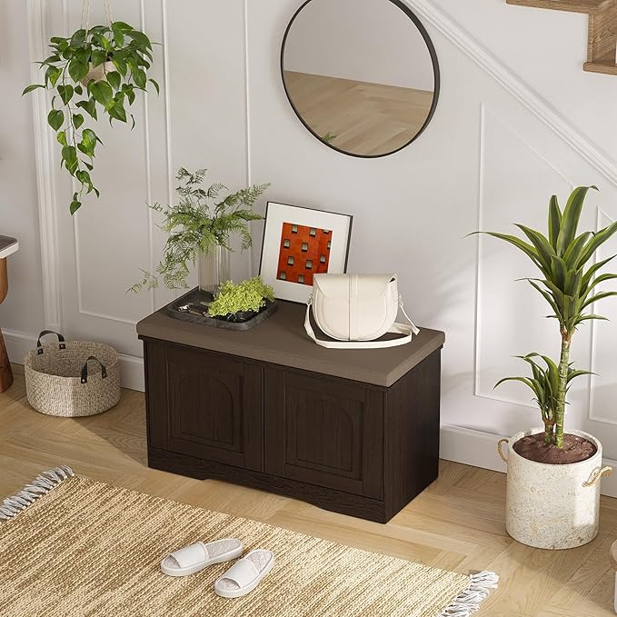 DINZI LVJ Shoe Bench, Entryway Storage Bench with Doors, Cushion, 2-Tier Shoe Rack with 6-Cubby, 31.5”L x 13.8”W Shoe Organizer Cabinet, Adjustable Shelf, Living Room, Bedroom, Espresso-PawvioPets