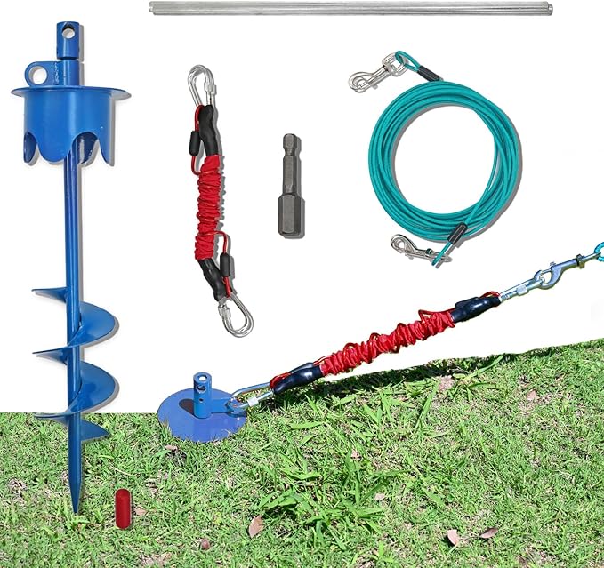 Dog Stakes for Outside Heavy Duty Hold up to 350Lbs Large Dogs Tie Out Tether Leash Chain for Yard Screw in Ground Anchors 17inch with Buffer Rope, Blue, 25 FT Steel Cable-PawvioPets