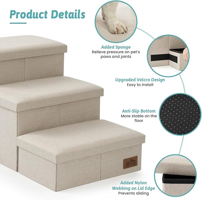 Dog Stairs with Storage, 4-Step Wider Sturdy Dog Steps for Small/Medium/Large Dogs and Older Cats, Folding Doggie Ramp for Bed/Couch/Car Hold Up to 180 lbs (22" H, Beige)-PawvioPets