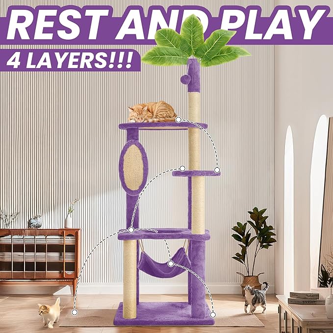 55 Inch Large Cat Tree Tower for Indoor Cats with Hammock Green Leaves Sisal Scratching Post, Plush Hang Ball Play Furniture for Kittens & Adult Cats, New Purple-PawvioPets