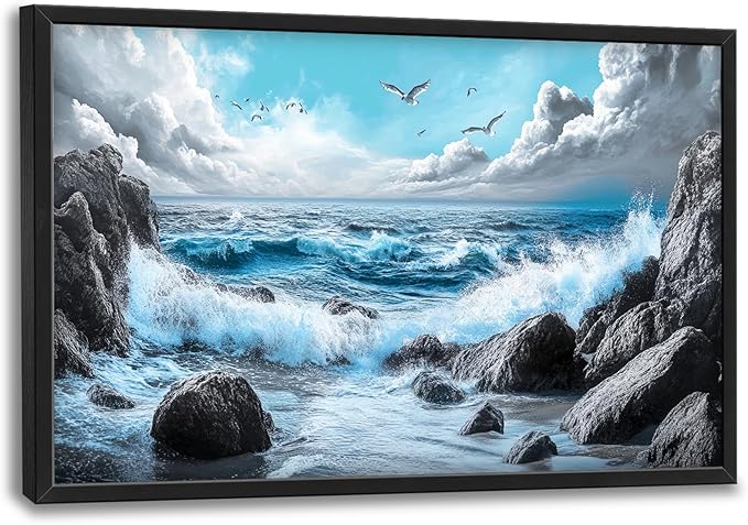 Extra Large Framed Abstract Sea Ocean Wall Art,Black and White Wall Decor, Coastal Seashore Pictures for Living Room,Canvas Print Painting Modern Artwork Bedroom Office Bathroom 36L x 24W-PawvioPets