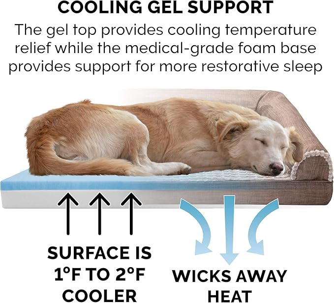 Furhaven Cooling Gel Dog Bed for Large Dogs w/ Removable Bolsters & Washable Cover, For Dogs Up to 95 lbs - Luxe Faux Fur & Performance Linen Sofa - Woodsmoke, Jumbo/XL-PawvioPets