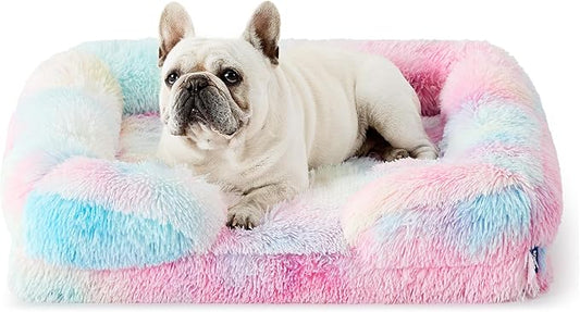 Bedsure Orthopedic Dog Bed Medium Size Dogs - Washable Medium Dog Cat Bed Waterproof, Comfort Pet Couch Sofa with Washable Removable Cover, Pets Bed with Nonskid Bottom, Long Faux Fur-Multi Color, 28"-PawvioPets