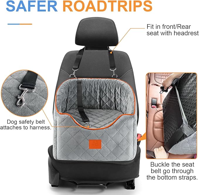 Dog Car Seat for Small Dogs, Memory Foam Booster Dog Seat for Dogs up to 35 lbs, Elevated Pet Car Seat with Washable Removable Cover, Storage Pockets (Gray)-PawvioPets