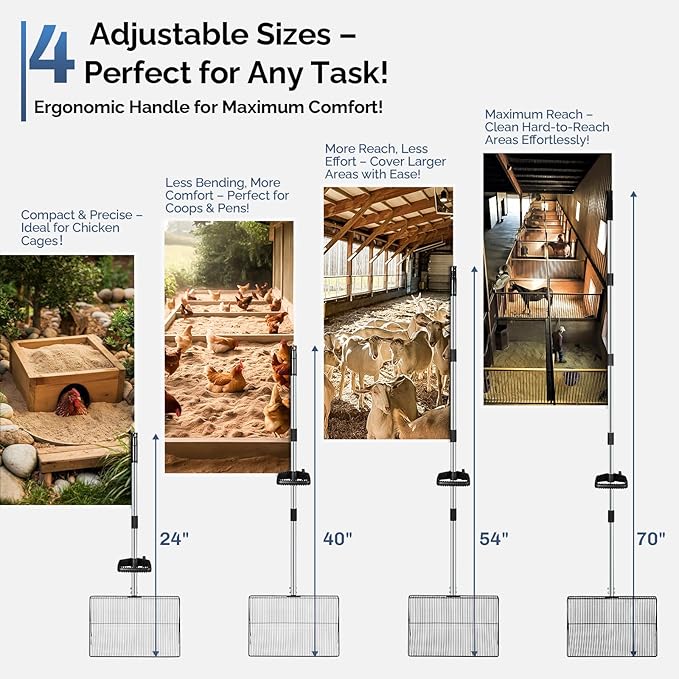 15" Extra-Wide Chicken Poop Scooper – Ergonomic Adjustable Handle (24-70in), Stainless Steel Sifting Shovel Deep Litter Cleaning for Chicken Coops, Goat - Chicken Coop Scoop for Sand, Straw, Hemp-PawvioPets