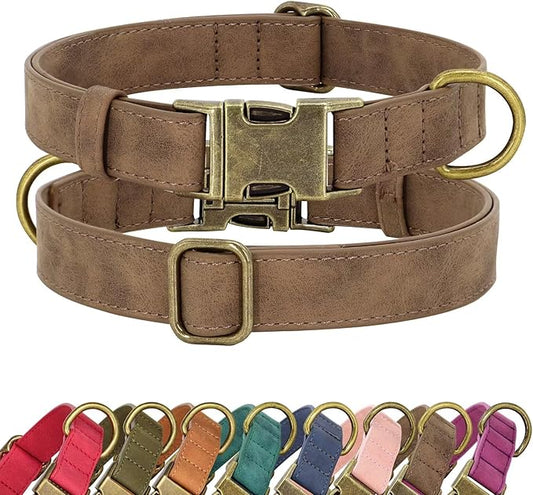 Didog Soft PU Leather Dog Collar, Stylish Quick Released Dog Collars for Small Dogs, Easy Clean Adjustable Pet Collar for Daily Walking, Brown, S Fit 10-16" Neck-PawvioPets