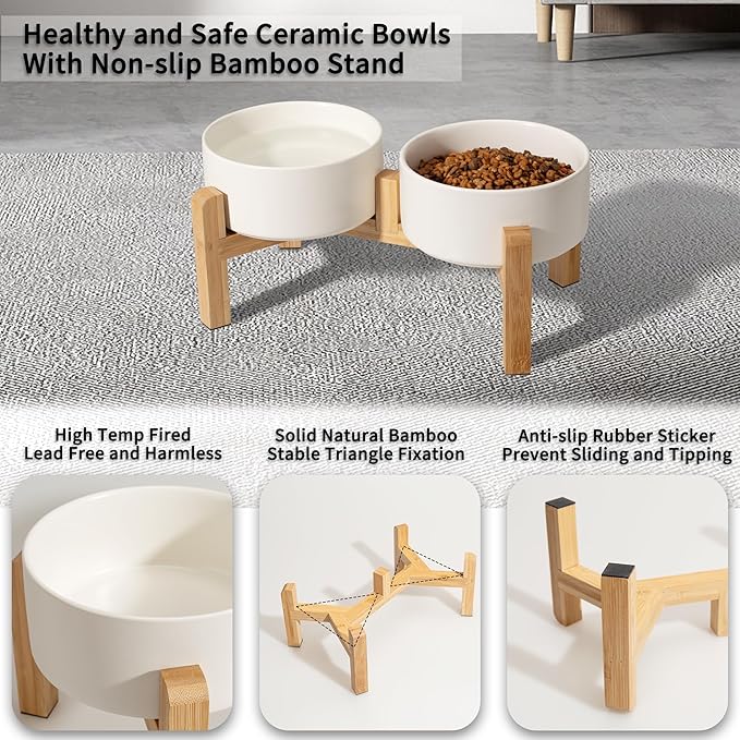 Elevated Ceramic Dog Bowl Set - Raised Dog Bowls with Non-Slip Bamboo Stand - Dog Food and Water Bowl Set - Double Dog Feeding Bowls - Suitable for Small and Medium Dogs - 28.74 OZ - 3.6 CUPS - 850 ML-PawvioPets