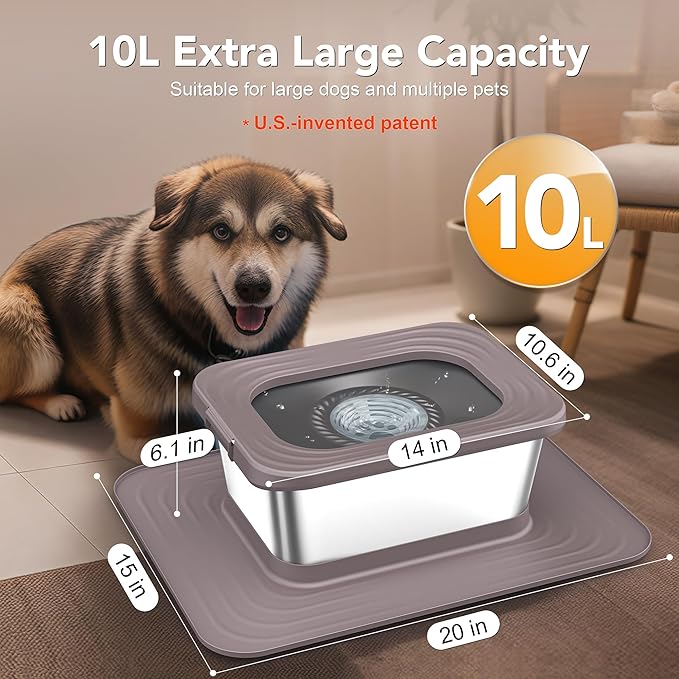 Decflow 10L Stainless Steel Dog Water Bowl, No Spill Anti-Splash Dog Bowls with XXL Silicone Mat, Spill-Proof Slow Feeder for Messy Drinkers, Heavy Duty Pet Bowls for Indoor/Outdoor Use-PawvioPets