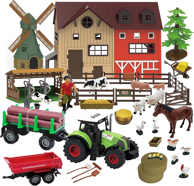 136PCS Farm Animals Toys Set Comes with Barn, Tractor Trailer, Milking shed, Windmill, Farmer, Fence - Playset for Kids Toddlers Boys Girls 5+ Years Old-PawvioPets