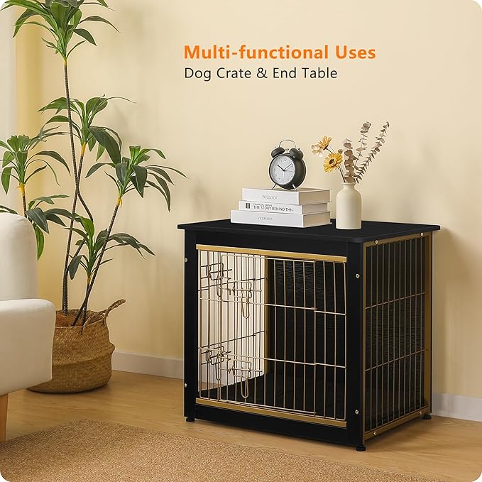 DWANTON Dog Crate Furniture with Cushion, Wooden Kennel Table with Double Doors, Indoor Dog House, Small/Medium/Large Size, 27.2" L, Black+Gold-PawvioPets