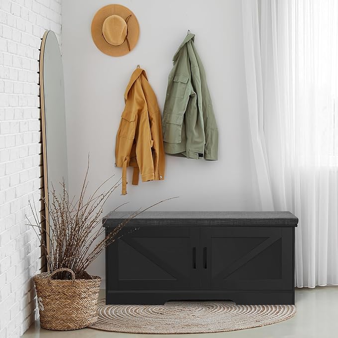 2-Tier Storage Bench, Shoe Bench with Padded Seat Cushion, Entryway Bench with 2 Barn Doors, Adjustable Shelf, 13.8" D x 39.4" W x 17.7" H, for Entryway, Living Room, Bedroom, Black-PawvioPets