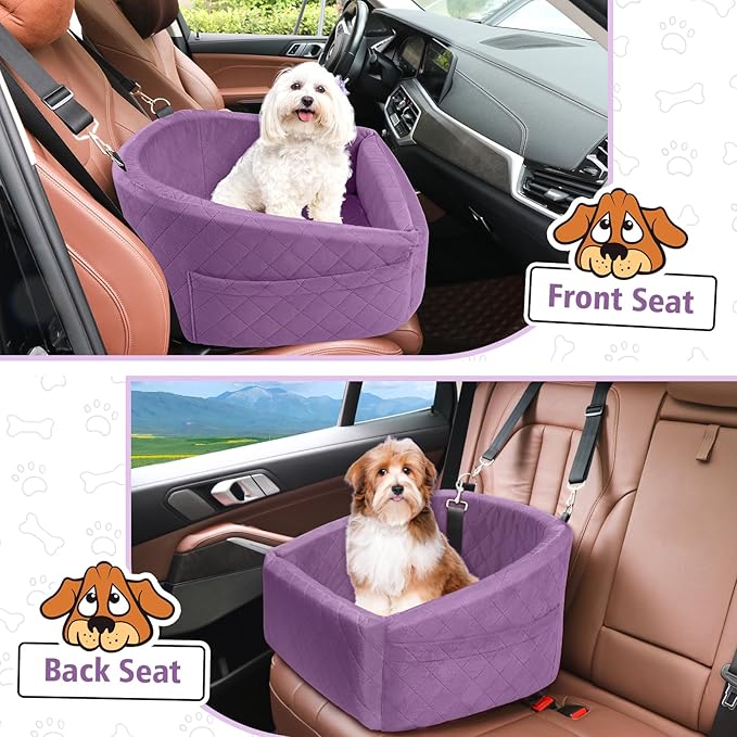 Dog Car Seat for Small Medium Dogs,Detachable Washable Dog Booster Seat Under 30lbs, Pet Car Seats Travel Bed with Storage Pockets and Safety Belt (Purple)-PawvioPets
