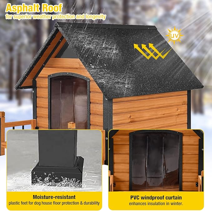 AIVITUVIN Outdoor Dog House Insulated Liner with Anti-Chewing Iron Surround Dog Kennel Dog Shelter Weatherproof (Brown, 45" D x 32.9" W x 32.6" H)-PawvioPets