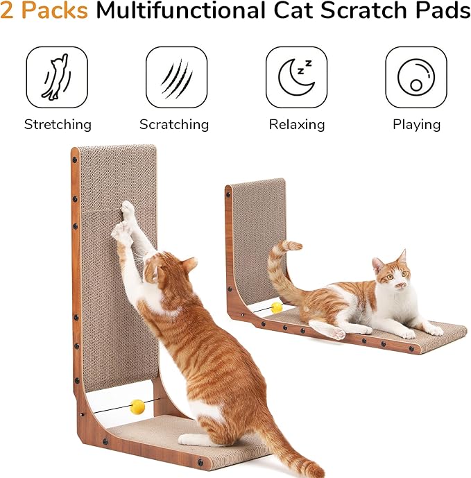 FUKUMARU Cat Scratcher, 26.8 Inch Cat Scratch Pad for Indoor Cats, L Shaped Cardboard Vertical Cats Scratching Board with Ball Toy, Walnut Color, 2 Packs-PawvioPets