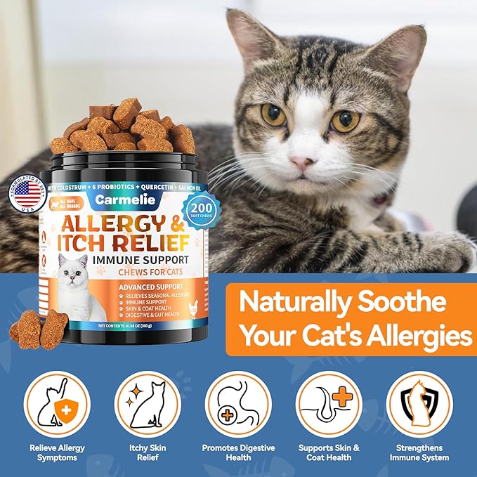 Cat Allergy Relief Chews 200 pcs - Cat Itchy Skin & Paw Licking Relief - Omega 3 & Probiotic for Cats - Anti-Itch Relief for Skin & Coat Health, Immune Support, Seasonal Allergies - Chicken Flavor-PawvioPets