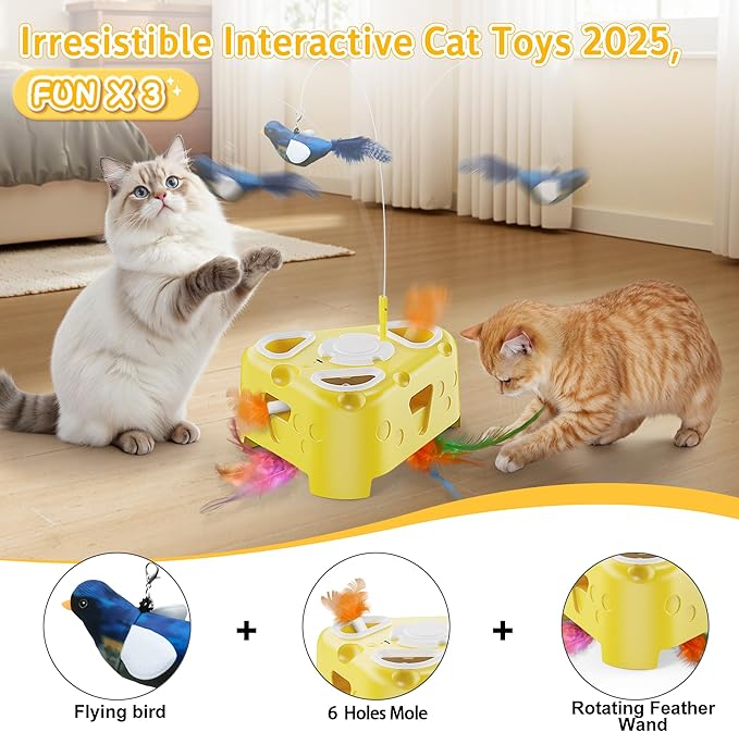 3-in-1 Interactive Cat Toy for Indoor Cats,Automatic Kitten Toys,Flying Bird,6 Holes Mole,Rotating Feather, USB Rechargeable Electronic Interactive Feather Toy for Bored Adult & Kitten Cats-PawvioPets