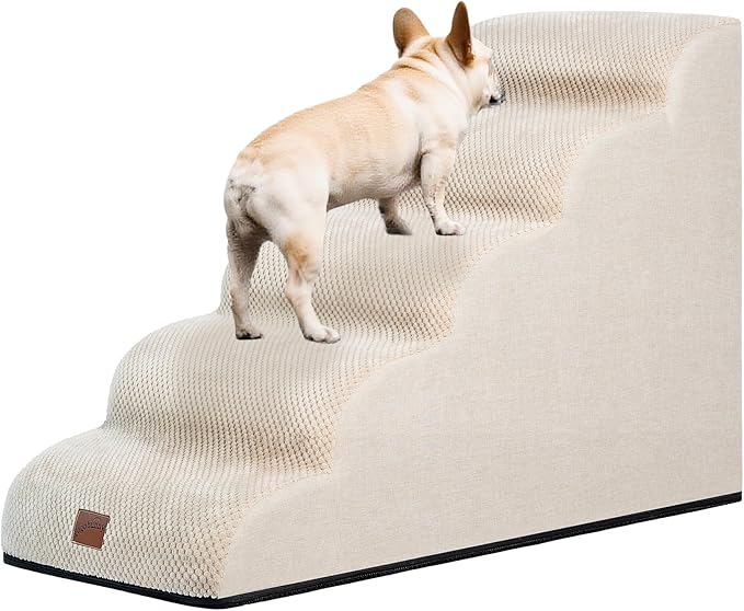 GoGoBunny Ramp Dog Stairs for High Beds 22.6" H, 5-Step Dog Slope Stairs with Durable Waterproof Fabric Cover, Pet Steps for Old Large Dogs Climbing, Non-Slip Sturdy Indoor Step, Beige-PawvioPets