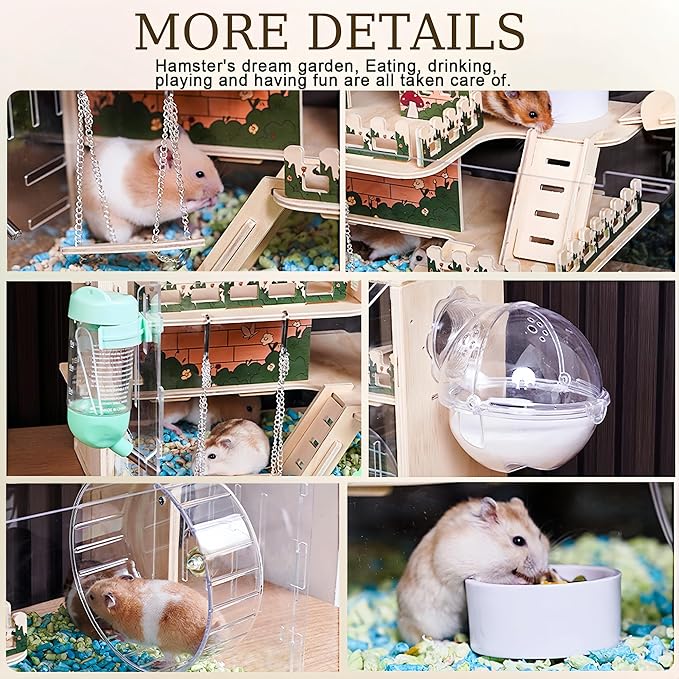 11 in 1 Wooden Hamster Cage with All Accessories, 15.8 Inch 3-Layer Dwarf Hamster Cage Acrylic,Small Animal Cages, Pastoral Style Mouse Cage for Pet Mice, Hedgehog, with Stairs, Fences and Swing-PawvioPets