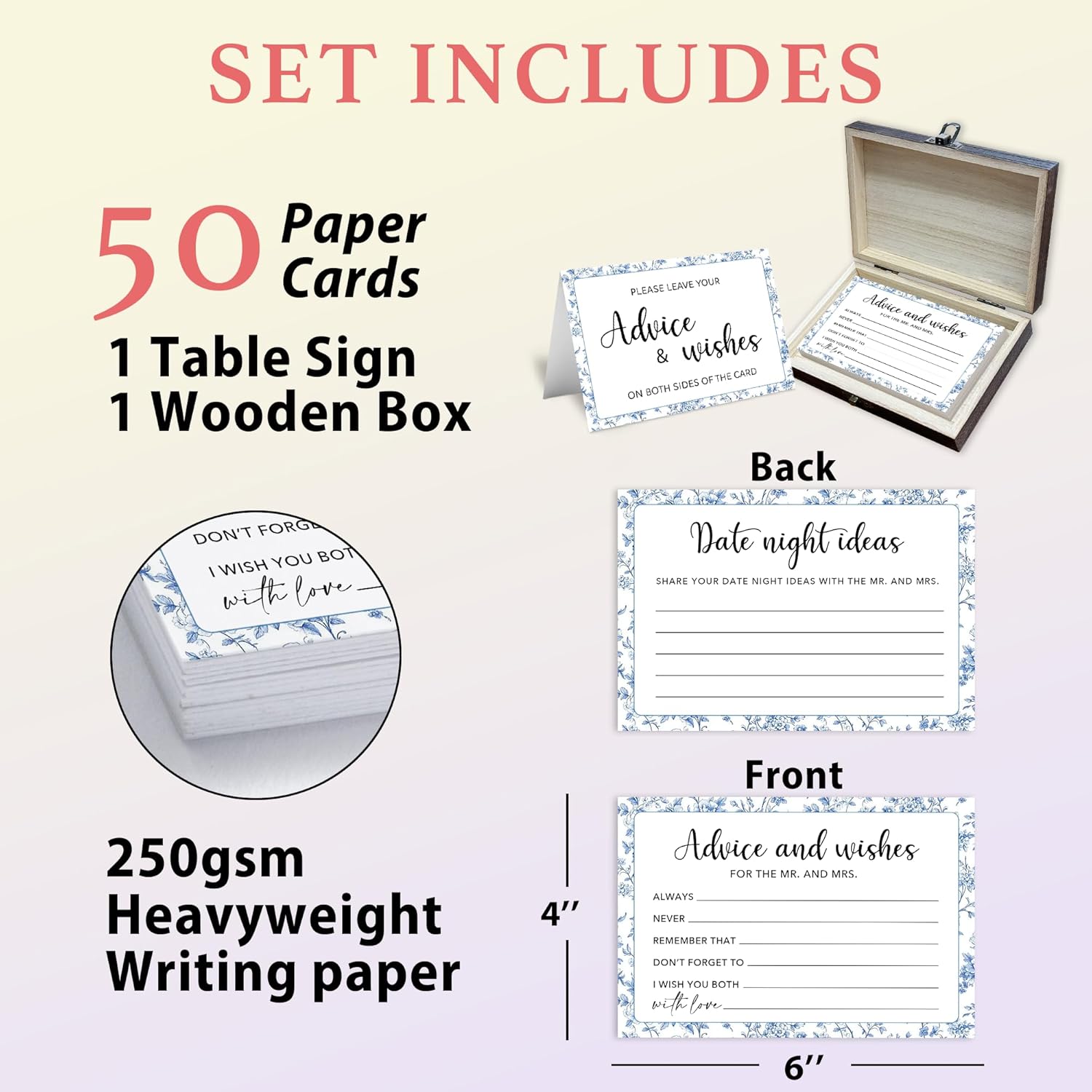 50 Pcs Advice and Wishes for the Mr and Mrs Cards in Box - Bridal Shower Guest Book - Perfect for Newlywed Games, Reception Decor, Engagement Parties & Anniversary Wishes(Vintage Floral) - B08