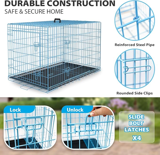 BestPet | Dog Crate | 42" | Blue | Foldable Metal Kennel with Double Doors, Secure Slide-Bolt Latches, Leakproof Tray | Portable Dog Cage for Large Breeds | for Travel, Indoor & Outdoor Use-PawvioPets