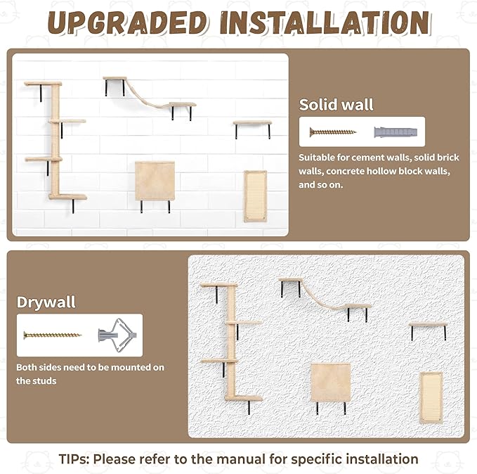 COZIWOW Wall Mounted Cat Furniture, Cat Wall Shelves and Perches, Floating Cat Shelves for Wall Set of 5(Beige)-PawvioPets