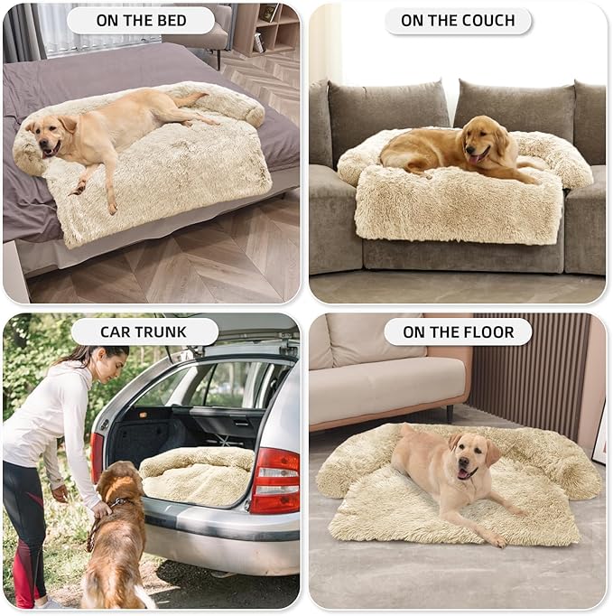 Calming Dog Bed Fluffy Plush Dog Mat for Furniture Protector with Removable Washable Cover for Large Medium Small Dogs and Cats (Extra Large (53x39.3x6), Beige)-PawvioPets