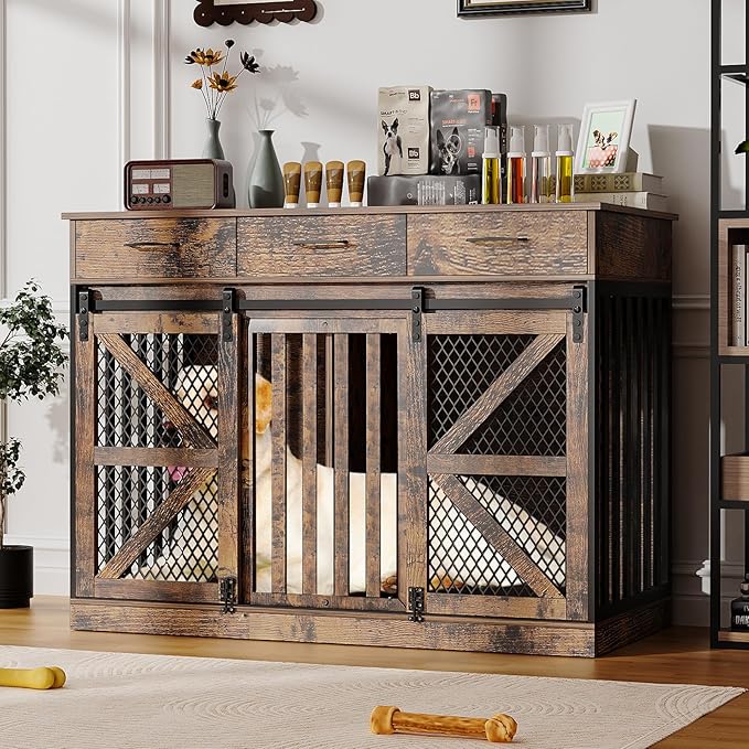 48'' Dog Crate Furniture with Removable Divider & Storage Drawers, Wooden Double Dog Cage TV Stand with 2 Sliding Barn Doors, Multi-Functional Dog Crate End Table for Indoor use (Retro Brown)-PawvioPets
