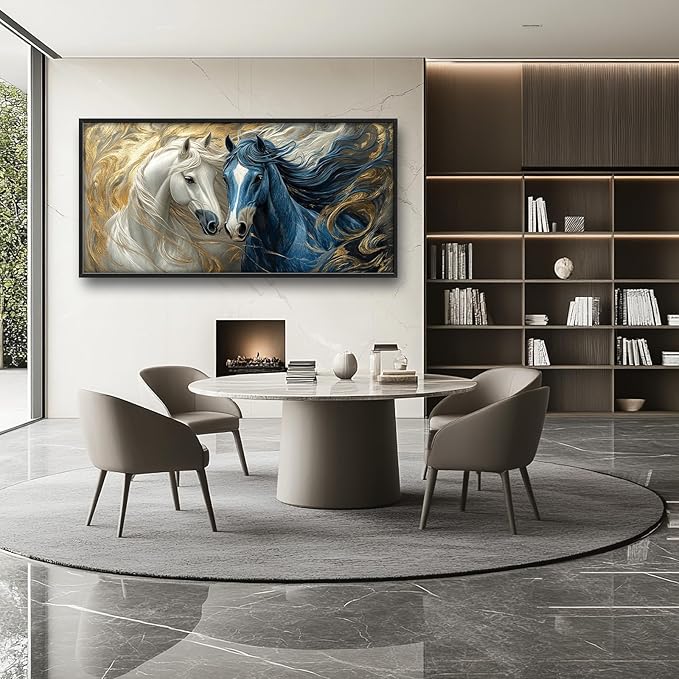 Framed Large Horse Wall Art for Living Room, Oversized Abstract Horses Wall Decor Blue and Golden Canvas Painting Animal Pictures Modern Artwork for Living Room Bedroom Office 60"x30"-PawvioPets