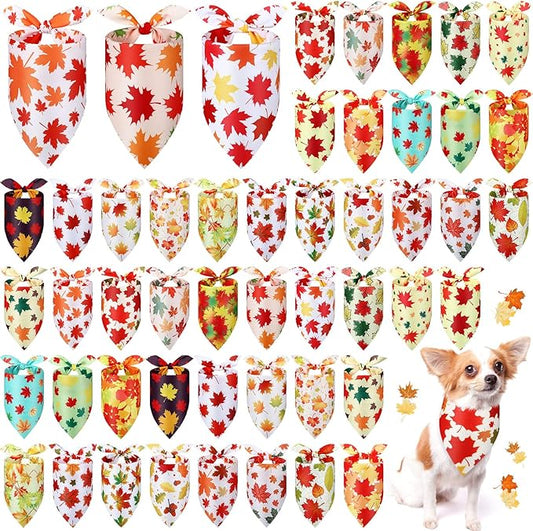 Abbylike 50 Pcs Fall Dog Bandana Bulk Maple Leaves Bandana for Dogs Triangle Kerchief Bibs Scarf for Small Medium Large Pet Autumn Thanksgiving Costume Accessories, 25 Styles (31.5 x 21.7 x 21.7 Inch)-PawvioPets