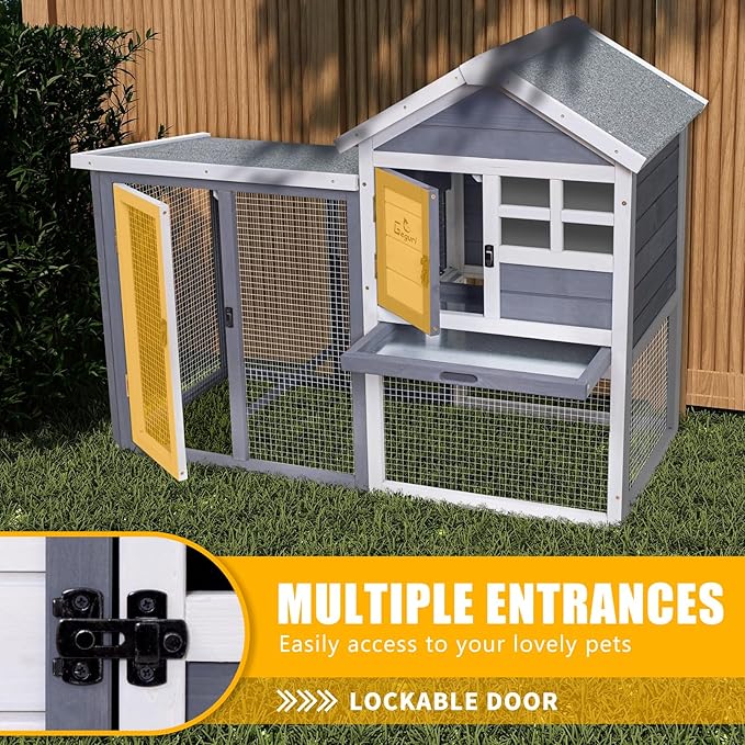 GEGURI Large Rabbit Hutch Indoor Outdoor Chicken Coop Wooden Bunny Cage with Waterproof Roof (48''L x 24''W x 36''H Grey)-PawvioPets