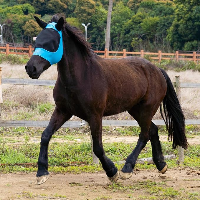 2 Piece Horse Fly Mask with Ears, Comfortable Fit Stretch Fabric Big Eye Space Soft Breathable with UV Protection for Full Horses (Blue-Pink)-PawvioPets