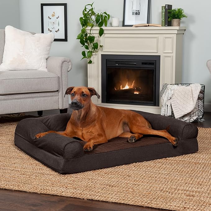 Furhaven Orthopedic Dog Bed for Large Dogs w/ Removable Bolsters & Washable Cover, For Dogs Up to 95 lbs - Sherpa & Chenille Sofa - Coffee, Jumbo/XL-PawvioPets